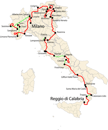 Map of Italy showing the path of the race, going counter-clockwise from Reggio di Calabria to the finish in Milan