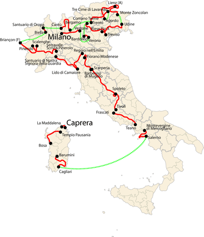 A map of Italy, with the course of the 2007 Giro d'Italia drawn over it in red and green lines