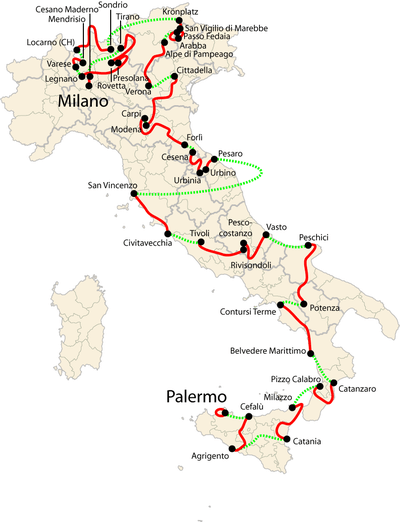 A map of Italy, with the course of the 2008 Giro d'Italia drawn over it in red and green lines