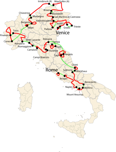 A map of Italy, with the course of the 2009 Giro d'Italia drawn over it in red and green lines