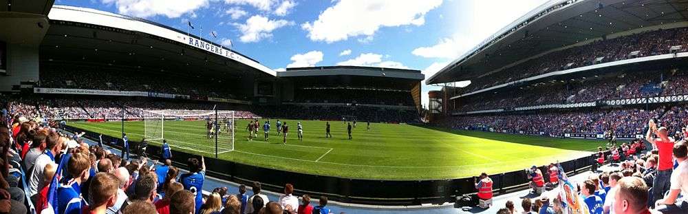 A panorama of Ibrox Stadium from the Broomloan Road End. This picture was taken the first match of the 2011–12 season, against Heart of Midlothian.