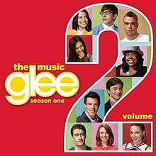 Photographs of ten people on a multicoloured background fill in a large Arabic numeral "2" to the right. The word "Glee" is in lowercase white to the left. In lowercase yellow font are the words "The Music" (above "Glee"), "Season One" (below "Glee"), and "Volume" (beside the "2").