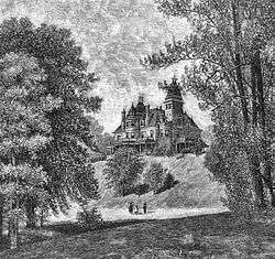 A black-and-white engraving showing the house amid a natural setting of trees and hills