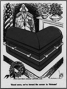 Cartoon has an L-shaped coffin of which a military general exclaims, "Good news, we've turned the corner in Vietnam!" A U.S. flag stands in the left corner.