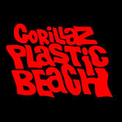 On a black background is red uppercase text in a thick wavy font. The top line says "Gorillaz", the second line says "Plastic" and the third line says "Beach".