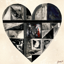 A large heart shaped design is filled with a montage of images. Most are grey, black, and white; the central image includes red colouring. The name Gotye is styled as a signature at bottom right.