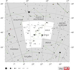 Diagram showing star positions and boundaries of the Grus constellation and its surroundings