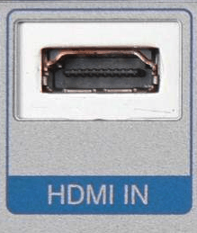 An HDMI type A receptacle connector on a device with the words HDMI IN below it.