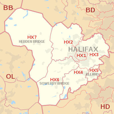 HX postcode area map, showing postcode districts, post towns and neighbouring postcode areas.