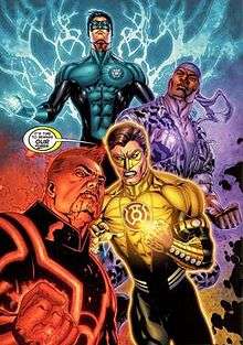Kyle Rayner, John Stewart, Hal Jordan, and Guy Gardner use the rings of the new guardians.
