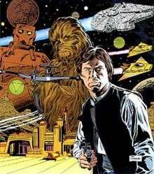 Drawing of a man pointing a pistol at the viewer. In the background looms a monster and an ape figure, while some spaceships fly by in a starry sky.