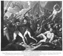 Print of a group of men fighting on the decks of a ship, with swords and guns, two figures in officer's uniforms in the centre in hand-to-hand combat