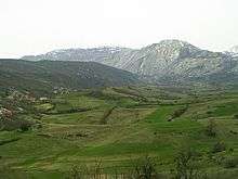 a panorama of green fields with rugged mountains in the background