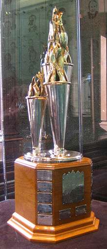 A silver trophy formed of three cones of differing sizes with spiraling "ribbons" at their caps.  It has a wooden base with plates engraved with the names of previous winners