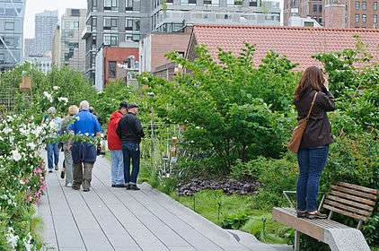 Pedestrians admiring plants along a walkway, which is surrounded by several low-rise buildings