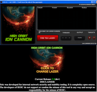 High Orbit Ion Cannon Gui and website. Notice the lulz inspired phrase "fire TEH lazer"