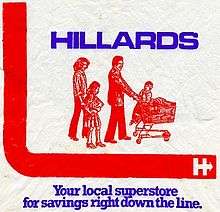 "On a white background, the name 'Hillards' in blue, upper case letters appears above a red line drawing of  a man, woman, boy and girl. The man pushes a shopping trolley filled with goods on which a young boy rides; behind stands a girl carrying a box, followed by a woman. On the left, a solid red band in an 'L' shape extends beneath the line drawing. Beneath the 'L' shaped band, in a blue serif font, is the text, "Your local superstore for savings right down the line.""