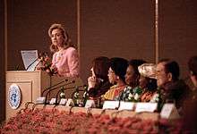 The First Lady Hillary Clinton during her speech in Beijing, China.
