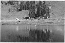 A black and white photo of several horses and a tent near a cluster of trees, in a meadow on the shore of a lake