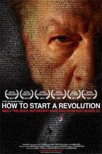 Movie poster showing close-up of Gene Sharp's face, with title "How to Start a Revolution", and list of awards.