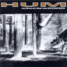 A photo negative of a black-and-white picture of a rhinoceros walking by trees is bordered on the top and bottom with black. The upper border reads "HUM / electra2000" with "HUM" written in copper lettering and a white outline and the album's title in white lettering.