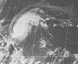 Black-and-white image of Hurricane Carmen near the Yucatán Peninsula