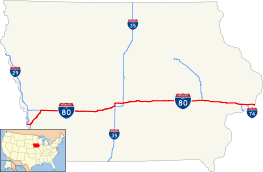 I-80 runs west to east across the middle of Iowa.