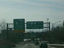 A multilane freeway in an urbanized area with two green signs over the road. The left sign reads exit 72 U.S. Route 9W Palisades Interstate Parkway Palisades Parkway Fort Lee exit upper left arrow only and the right sign reads Interstate 95 U.S. Route 1 U.S. Route 9 north George Washington Bridge