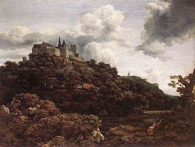 Painting of a castle on top of a wooded mountain