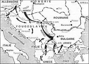 graphic map overlay showing the German thrusts into Yugoslavia
