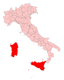 "A picture showing Insular Italy highlighted in red in a political map of Italy."