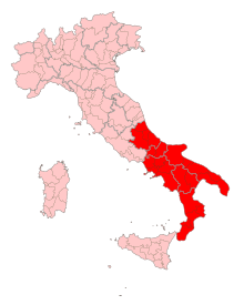 "A picture showing South Italy highlighted in red in a political map of Italy."