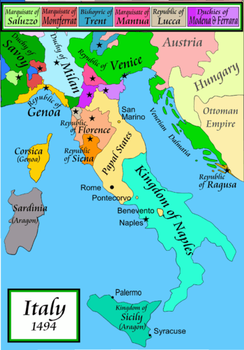 Map of Italy in the late 15th century, in Italian, showing the major powers of Florence, Milan, Naples, the Papal States and Venice, plus the more-minor powers such a Genoa, Modena–Ferrara, Mantua, Sienna and Lucca.