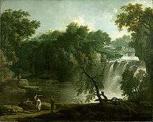 Painting of a waterfall with small human figures.