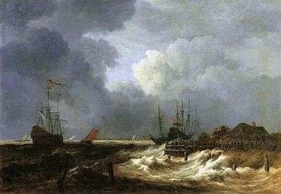 Painting of a coastal scene with ships in stormy weather