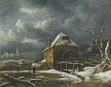 painting of watermill in winter landscape
