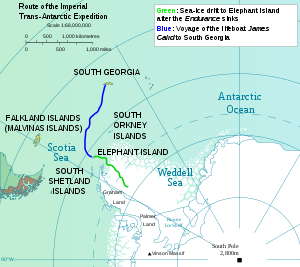  Outline map showing Weddell Sea, Elephant Island and South Georgia with parts of the landmasses of Antarctica and South America. A line indicates the path of the voyage from Elephant Island to South Georgia.