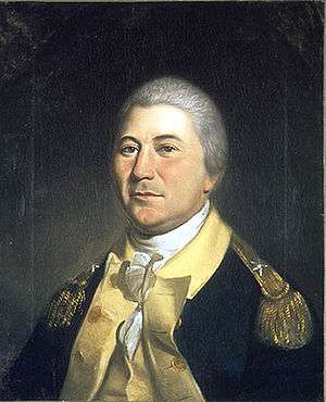 Painting of a gray haired man in a blue uniform with buff turnbacks and a white shirt