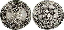 Images of a silver coin: one side showing a crowned king and the other the heraldic lion rampant of Scotland on a shield, both surrounded by writing.
