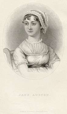 Engraving Austen, showing her seated in a chair. She is wearing a lace cap and an early 19th-century dress.