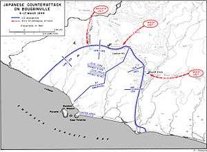 Black and white map of the US perimeter on Bougainville showing the locations described in the article