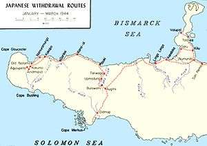Map of western New Britain with tracks and settlements involved in the Japanese withdrawal marked on it