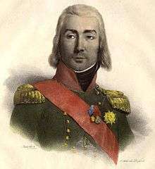 Color print of a man with light hair that falls below the ears in a dark military uniform with gold epaulettes