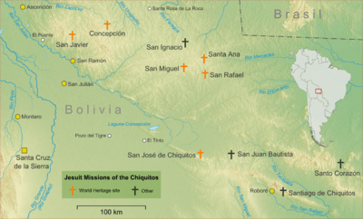 Topographic map showing major towns and villages in the Chiquitania and the Jesuit missions. The Jesuit missions are in the highlands north-east of Santa Cruz de la Sierra, in eastern Bolivia, close to the Brazil border.