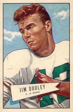 Football card illustration of Dooley wearing a white number 42 football jersey with pads and no helmet