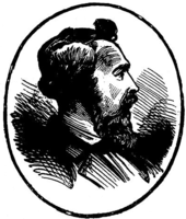 Profile drawing of a man with a high-collared shirt and jacket and a dark chest-length beard