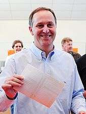 John Key holding a ballot paper