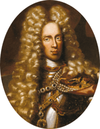 Oval painting of a man wearing an enormous curly blonde wig that reaches to his chest. Under his pretty golden tresses he wears a steel cuirass.