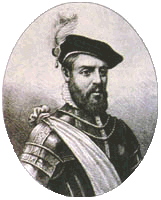 A bearded man wearing a feathered cap, armor, and sash.