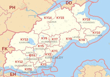 KY postcode area map, showing postcode districts, post towns and neighbouring postcode areas.